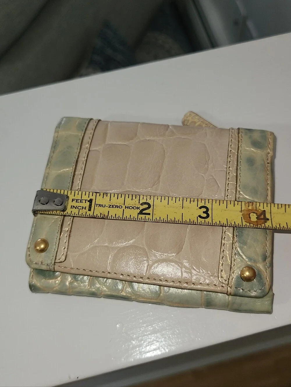 Brahmin Croc-Embossed Compact Wallet in Sage Green And Ivory